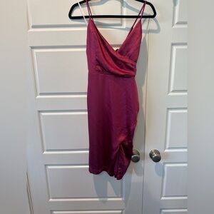 NWT Lulus Magenta Satin Mini Dress Surplice Slit Dress Criss Cross Back Size M